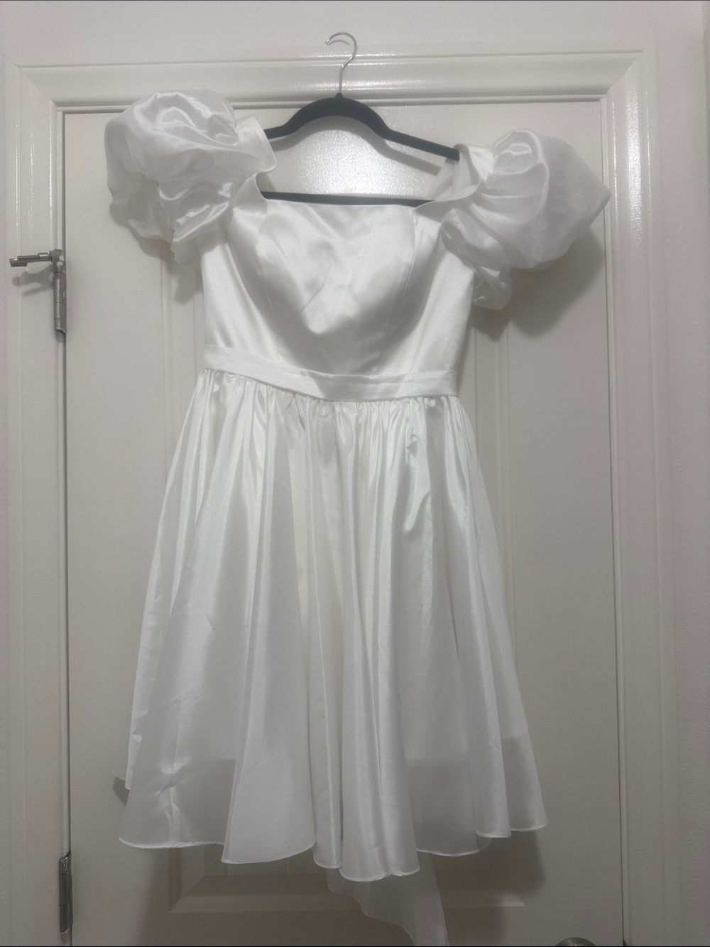 White Puff-Sleeve Satin Mini Dress